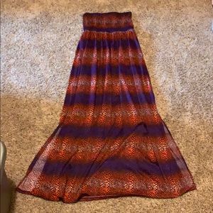 Strapless red, purple, and orange patterned dress